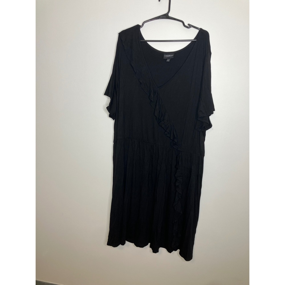Lane Bryant Faux Wrap Dress Womens 26/28 Black Excellent Ruffle Short‎ Sleeve